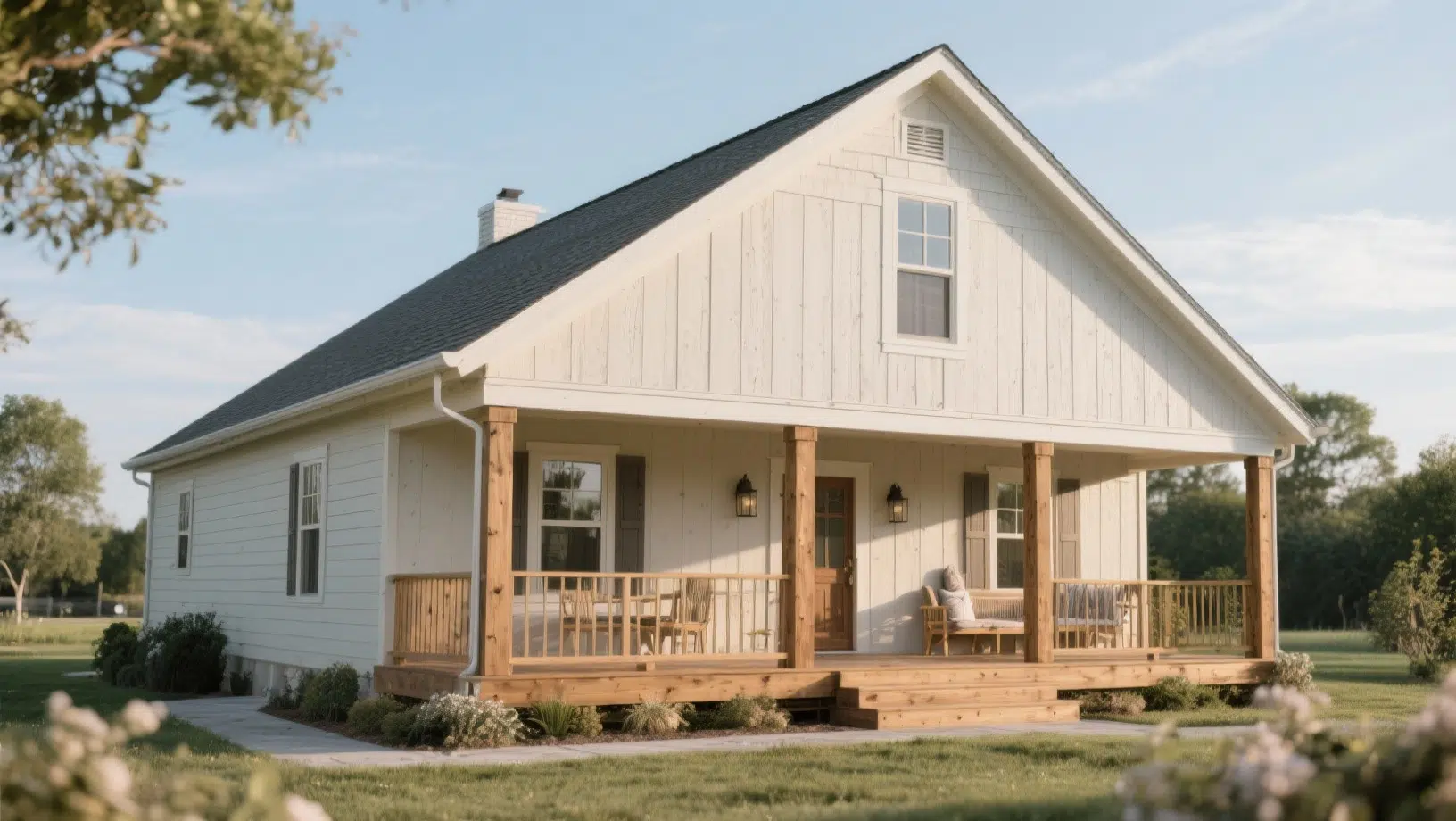 White farmhouse-style home with a gabled roof, wooden porch, and simple outdoor seating, set on a grassy property under soft daylight