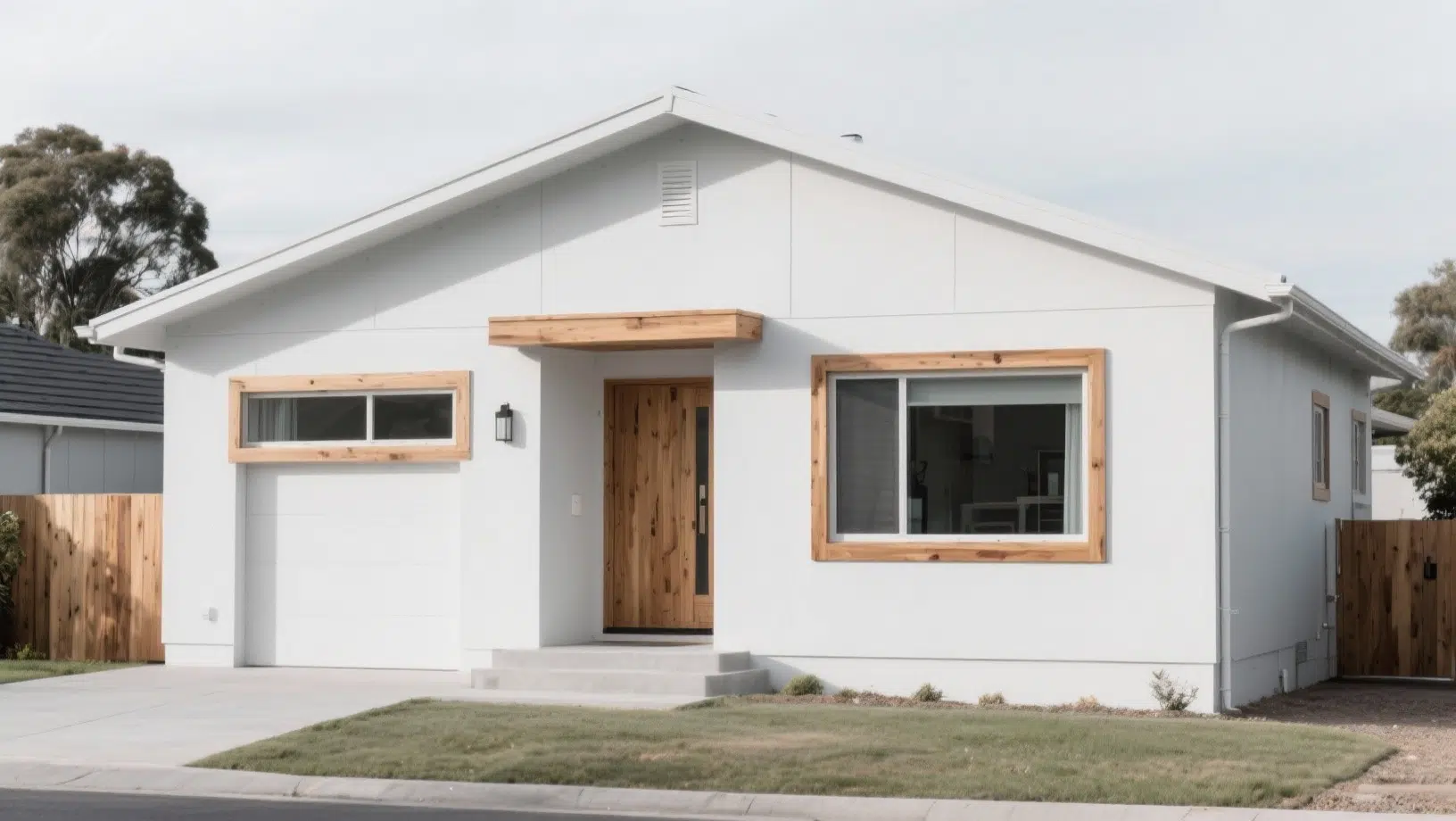 White walls house exterior, natural wood trim around windows and door, and a simple gable roof in a suburban setting