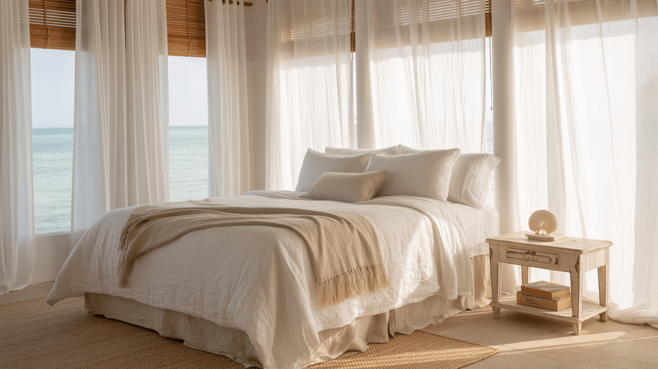 bamboo shades or light linen curtains