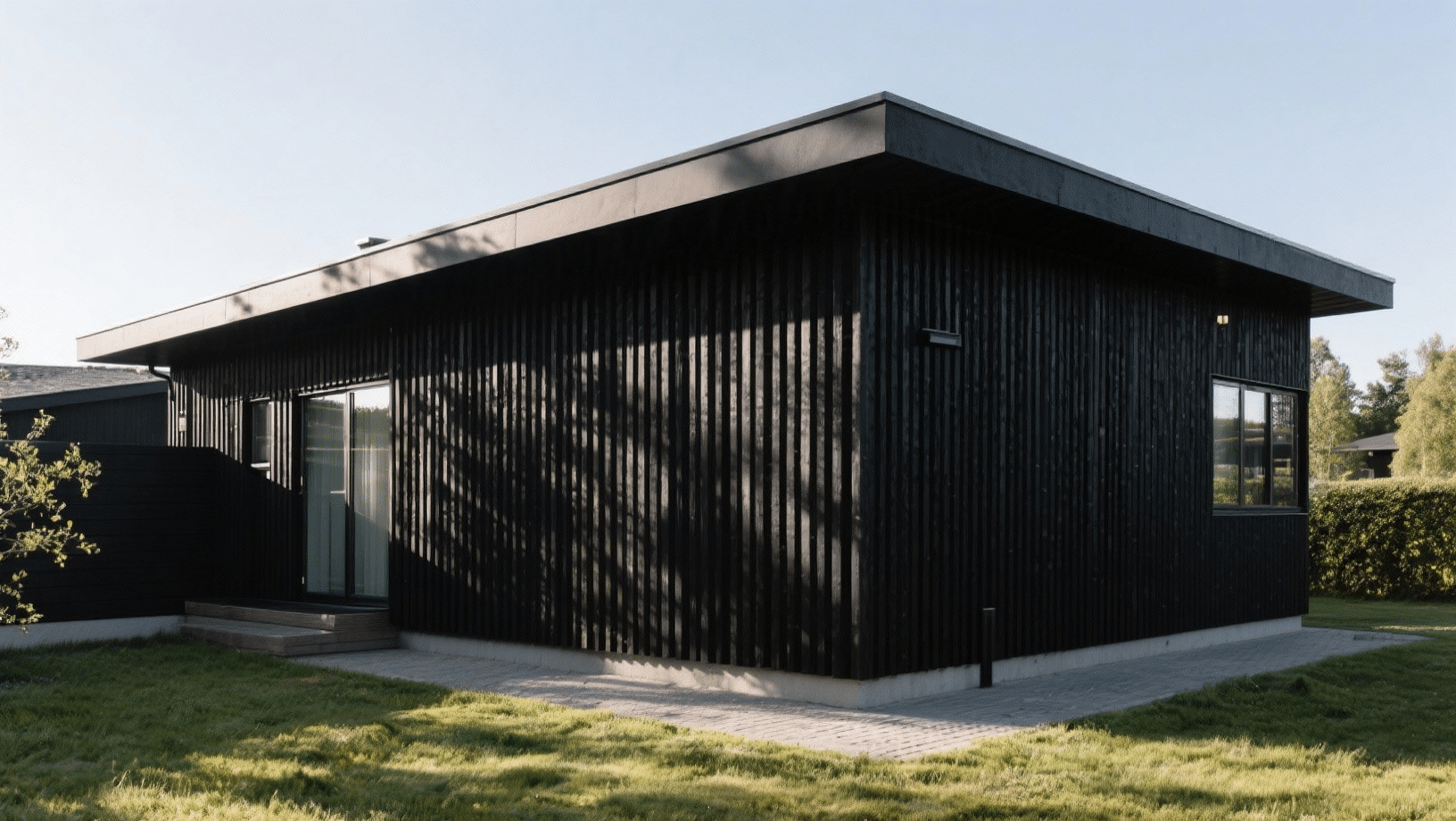 black vertical wood siding house exterior design, flat roof, and clean lines, set in a quiet residential landscape