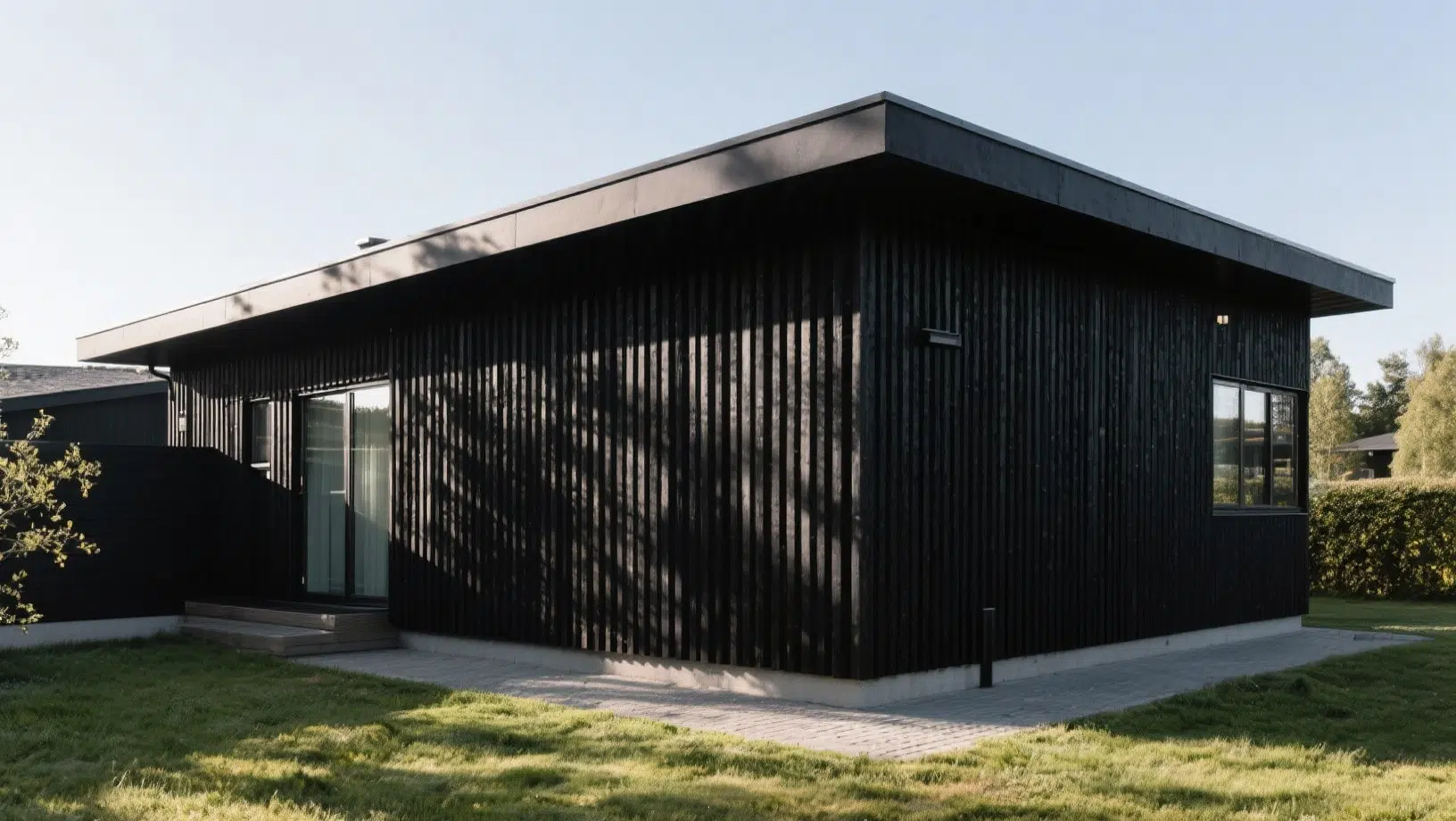 black vertical wood siding house exterior design, flat roof, and clean lines, set in a quiet residential landscape