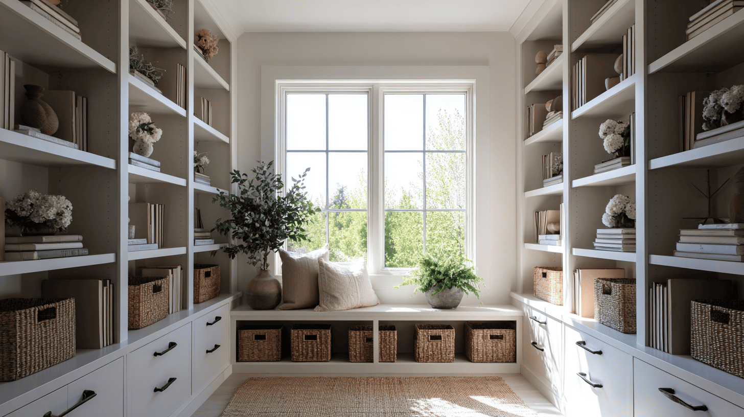 built in bookshelves and storage nooks