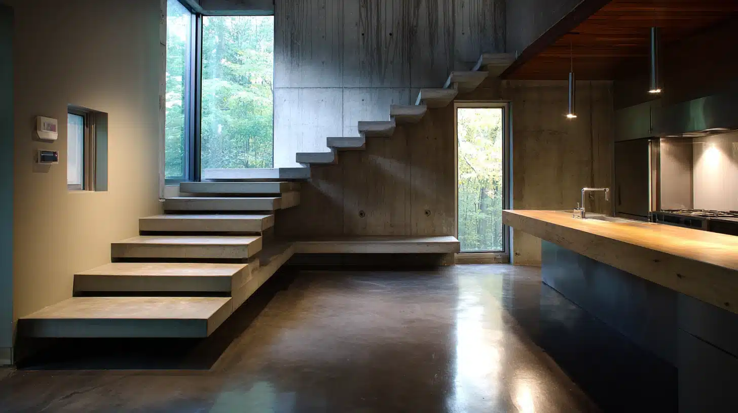 Modern interior featuring exposed concrete walls, floating stone stairs, a long wooden kitchen island, and large windows overlooking lush greenery