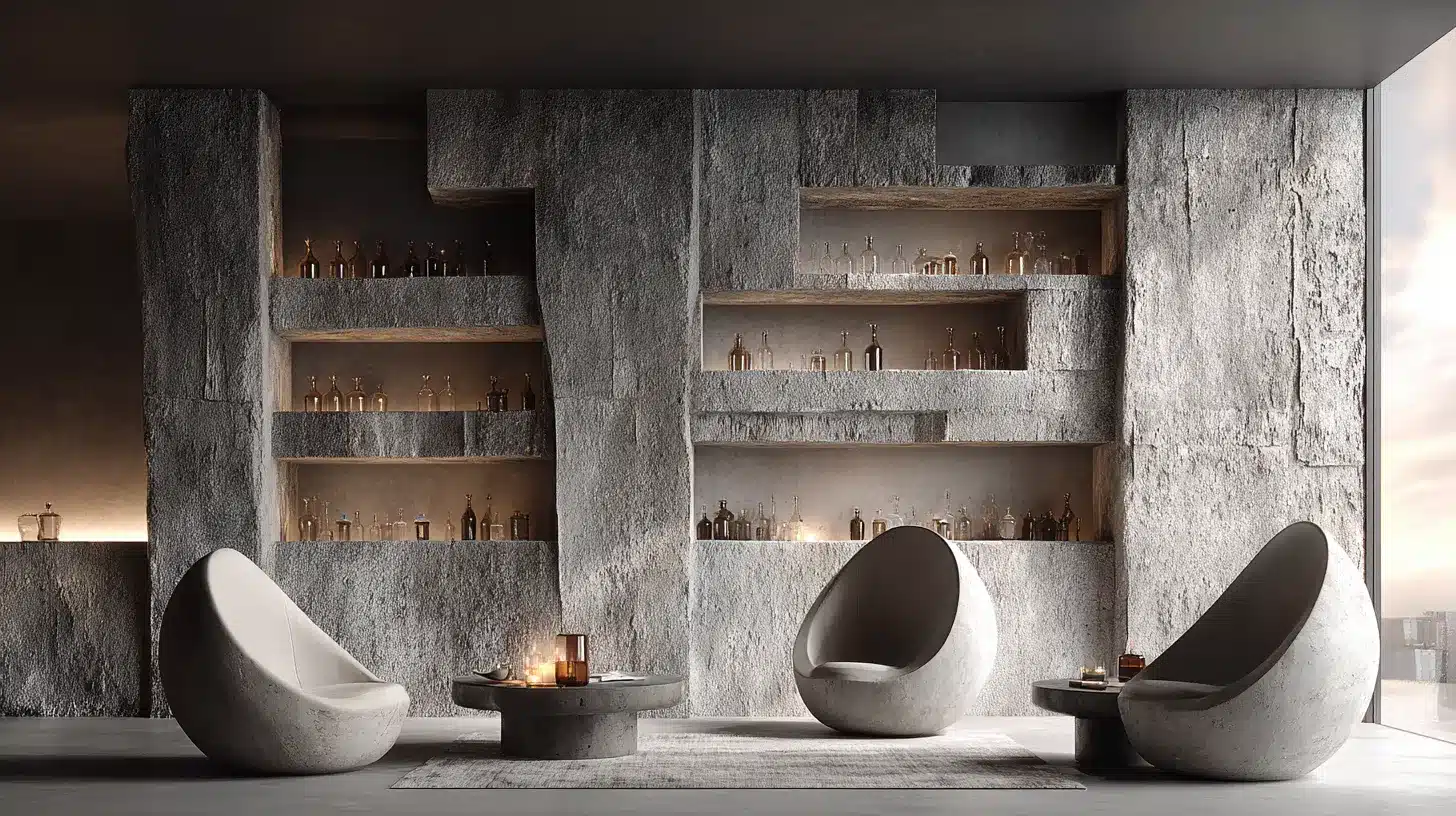 Modern, moody interior featuring rough-cut stone walls, built-in illuminated shelving displaying bottles, and three organic, egg-shaped lounge chairs