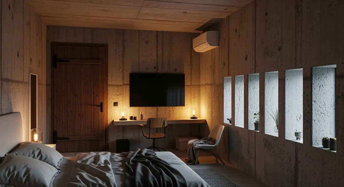 A modern bedroom featuring raw concrete walls, a cozy bed, a wooden desk with a mounted TV, and a row of narrow vertical windows showcasing small potted plants