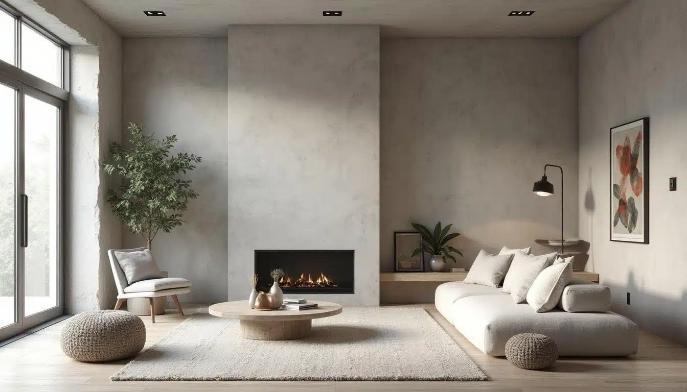 Minimalist living room featuring light wood floors, textured concrete walls, a modern built-in fireplace, a white sectional sofa, and a round wooden coffee table