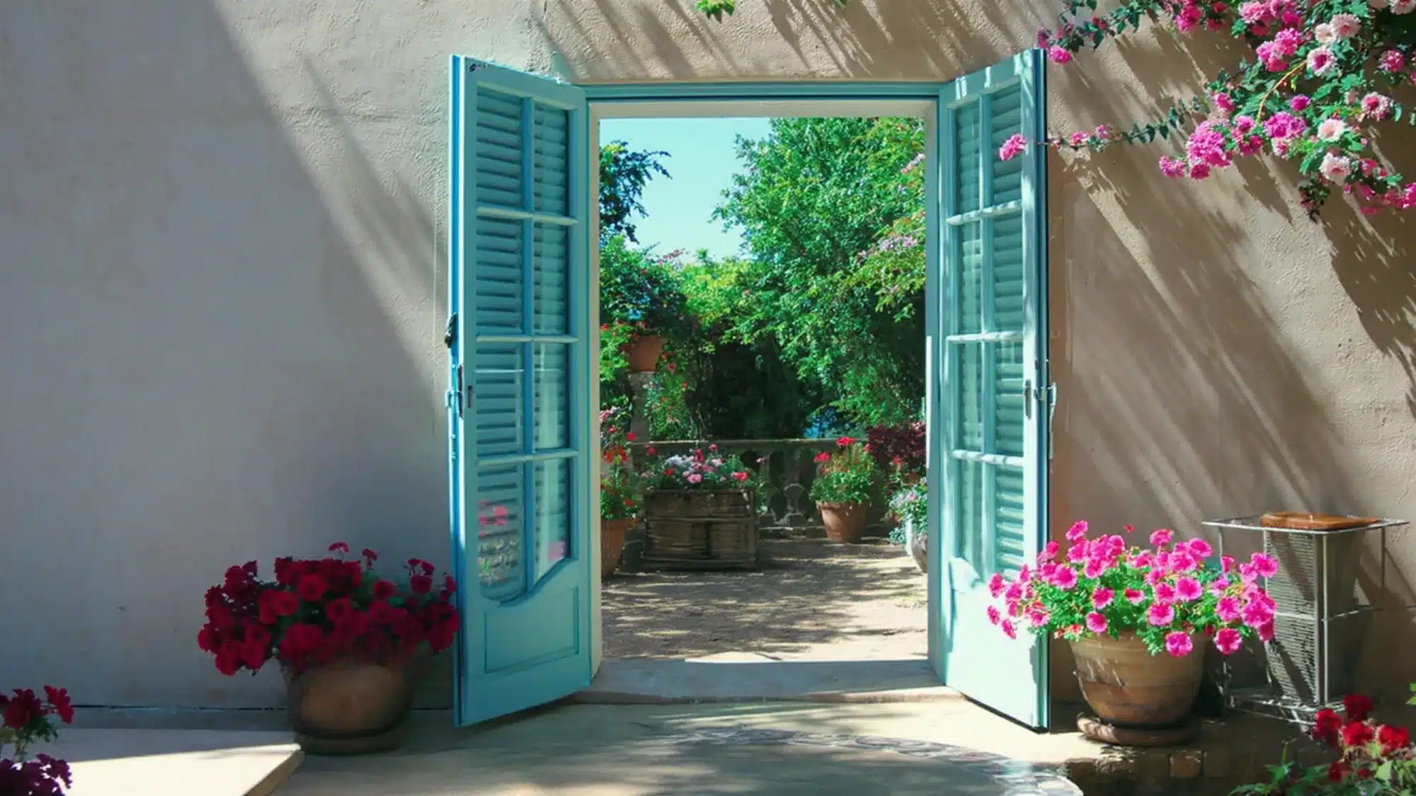 A door with blue shutters, showcasing a charming and inviting exterior design.