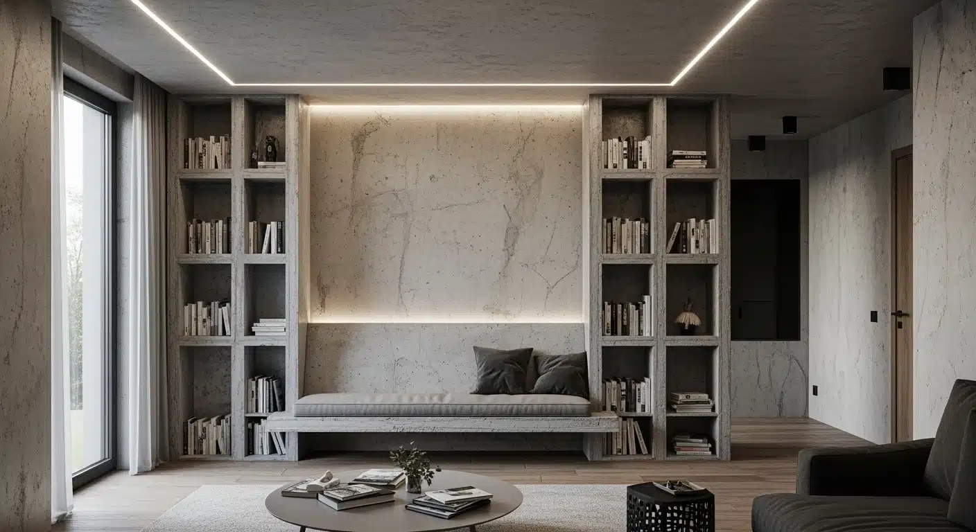 Modern minimalist living room featuring concrete walls, built-in bookshelves flanking a bench seat, and linear recessed lighting