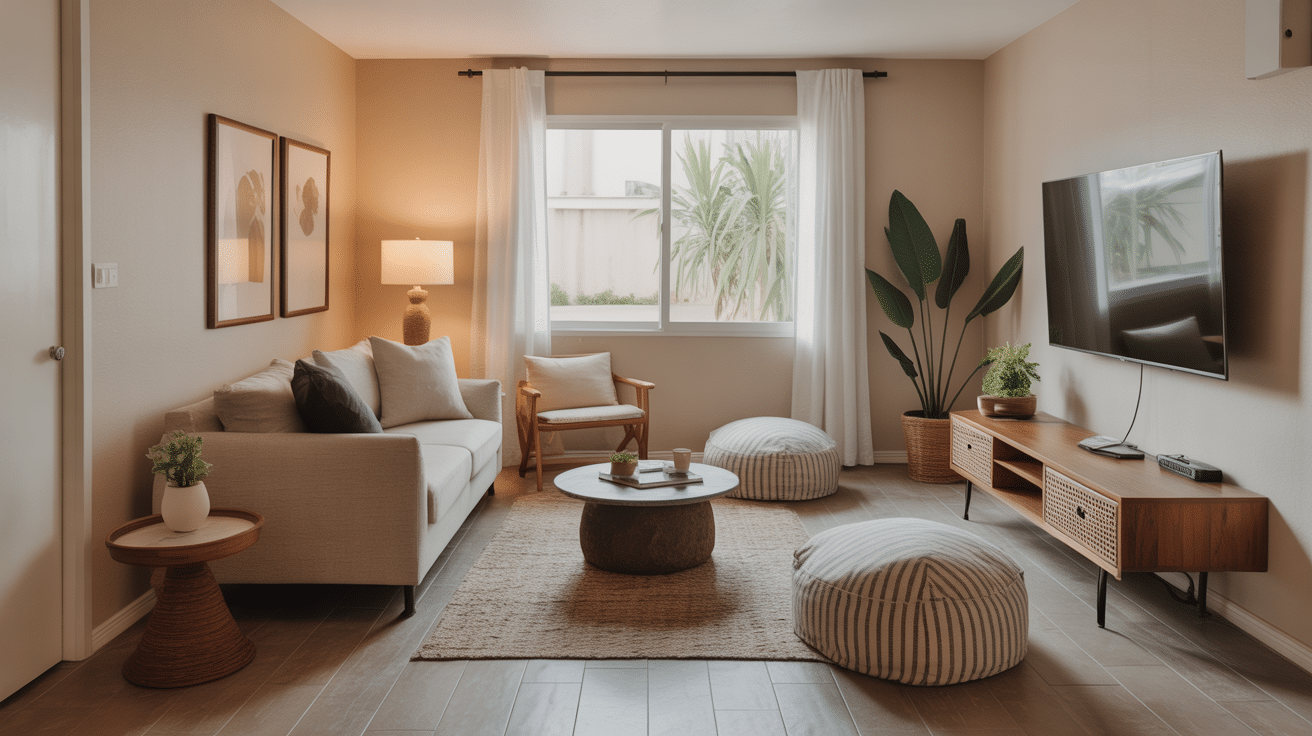 loveseat opposite wall mounted tv with poufs