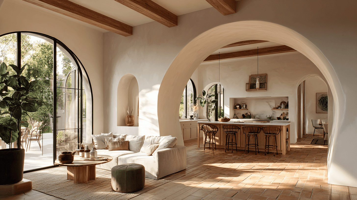 open concept living spaces with large archways