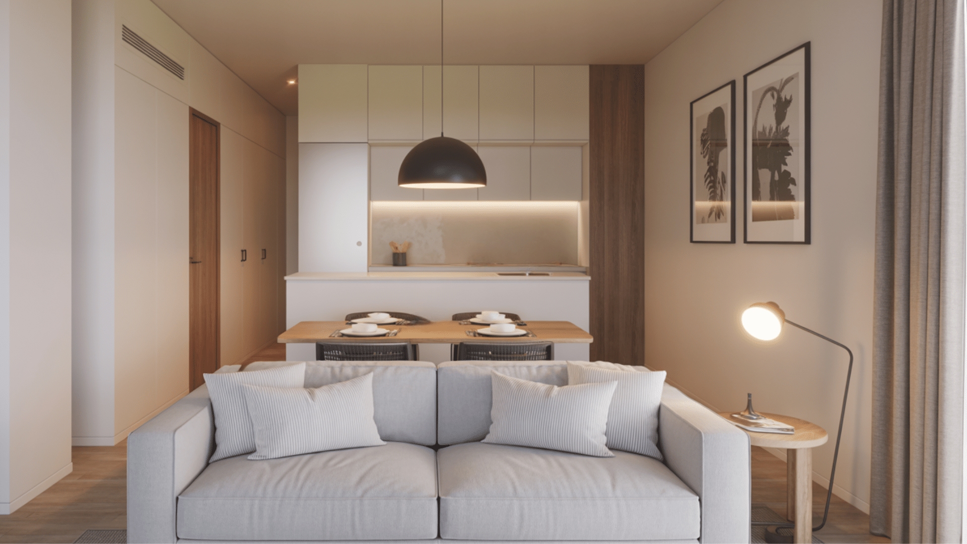 position dining table behind the sofa