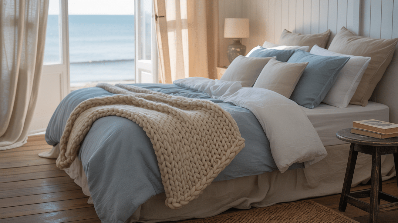 soft layered linens in ocean hues