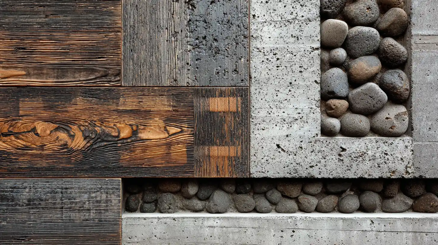 A textured wall surface combining sections of charred wood paneling, rough concrete, and recessed rows of smooth river stones