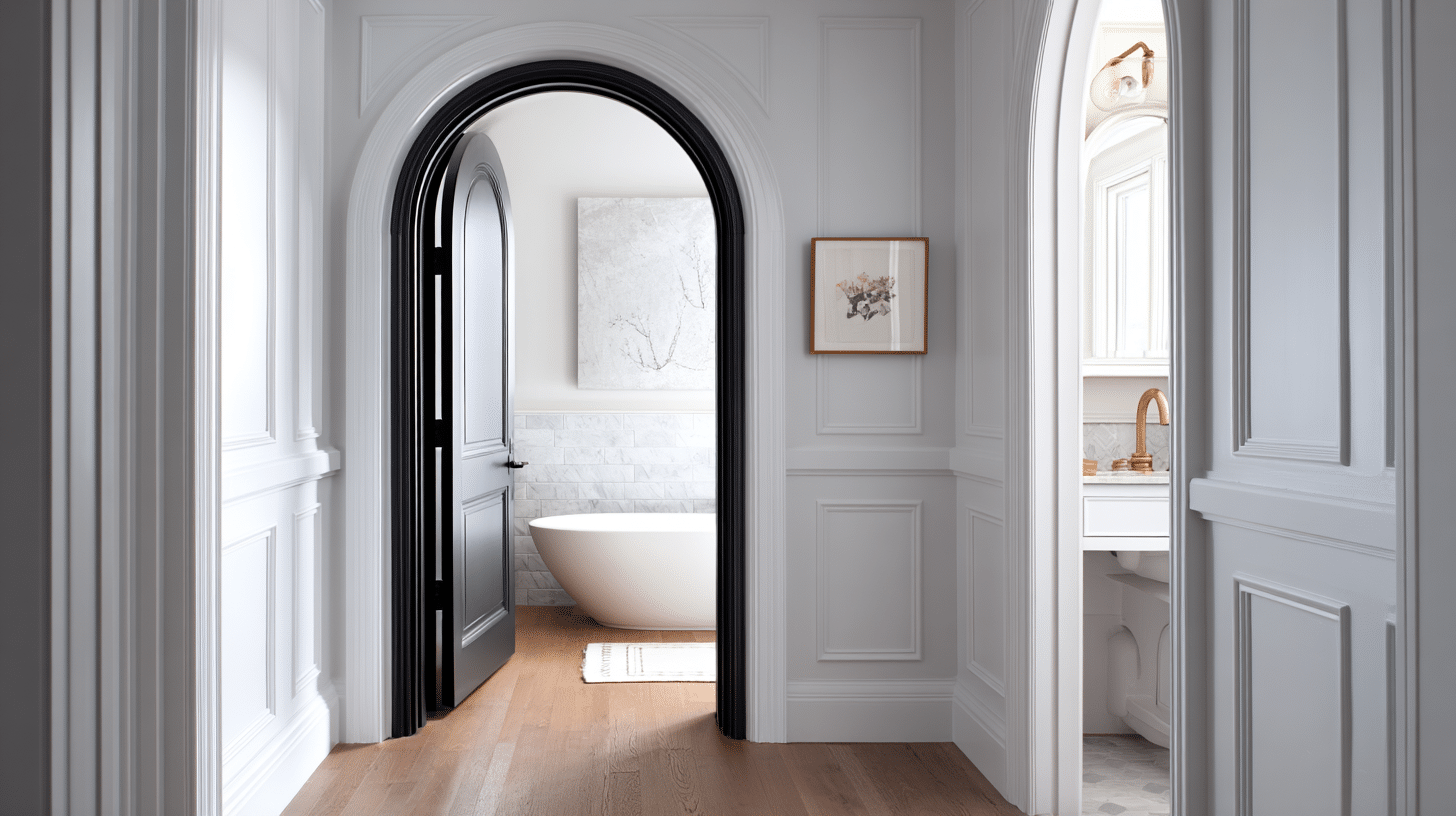 Black Arched Doorways Framing White Interiors