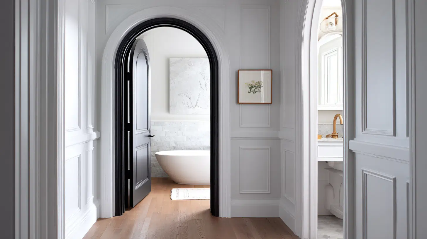 Black Arched Doorways Framing White Interiors