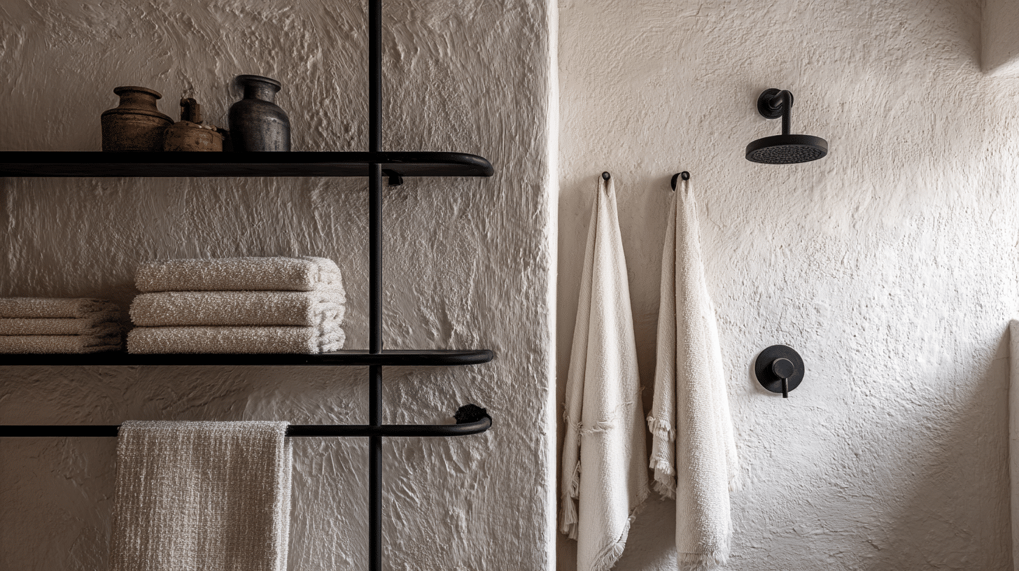 Hand-Troweled White Plaster Paired with Black Steel