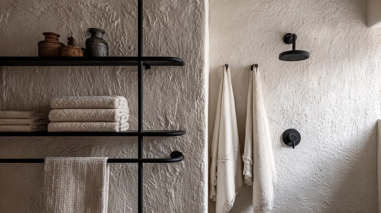 Hand-Troweled White Plaster Paired with Black Steel