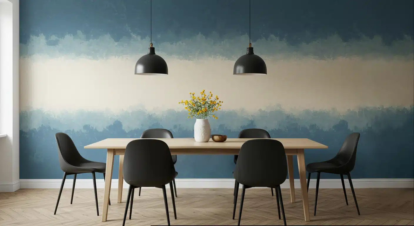 Modern dining room with a wooden table, six black chairs, and two pendant lights. A blue-and-beige gradient wall adds an artistic touch