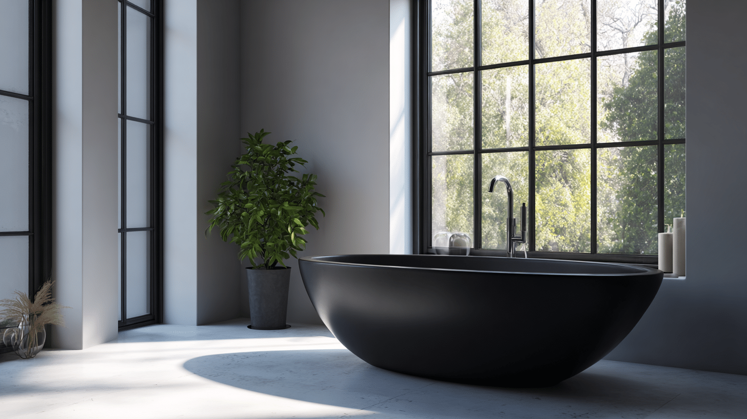 Sculptural Black Freestanding Bathtub as the Focal Point