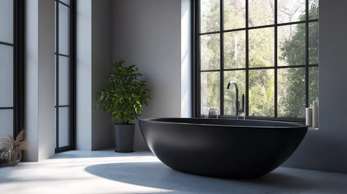 Sculptural Black Freestanding Bathtub as the Focal Point