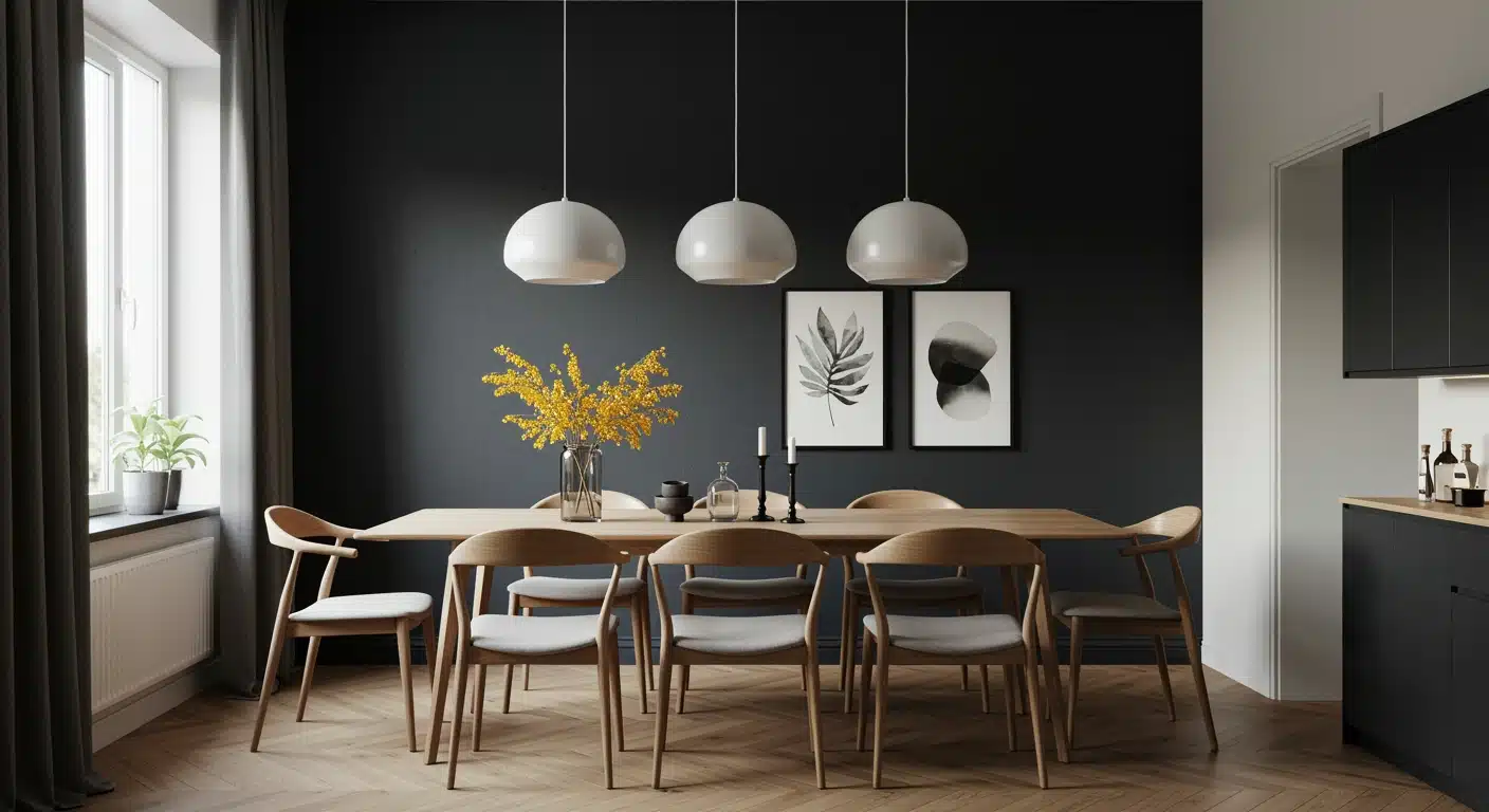 Modern dining area with a light wood table, mid-century modern chairs, three white pendant lights, and a dark charcoal accent wall