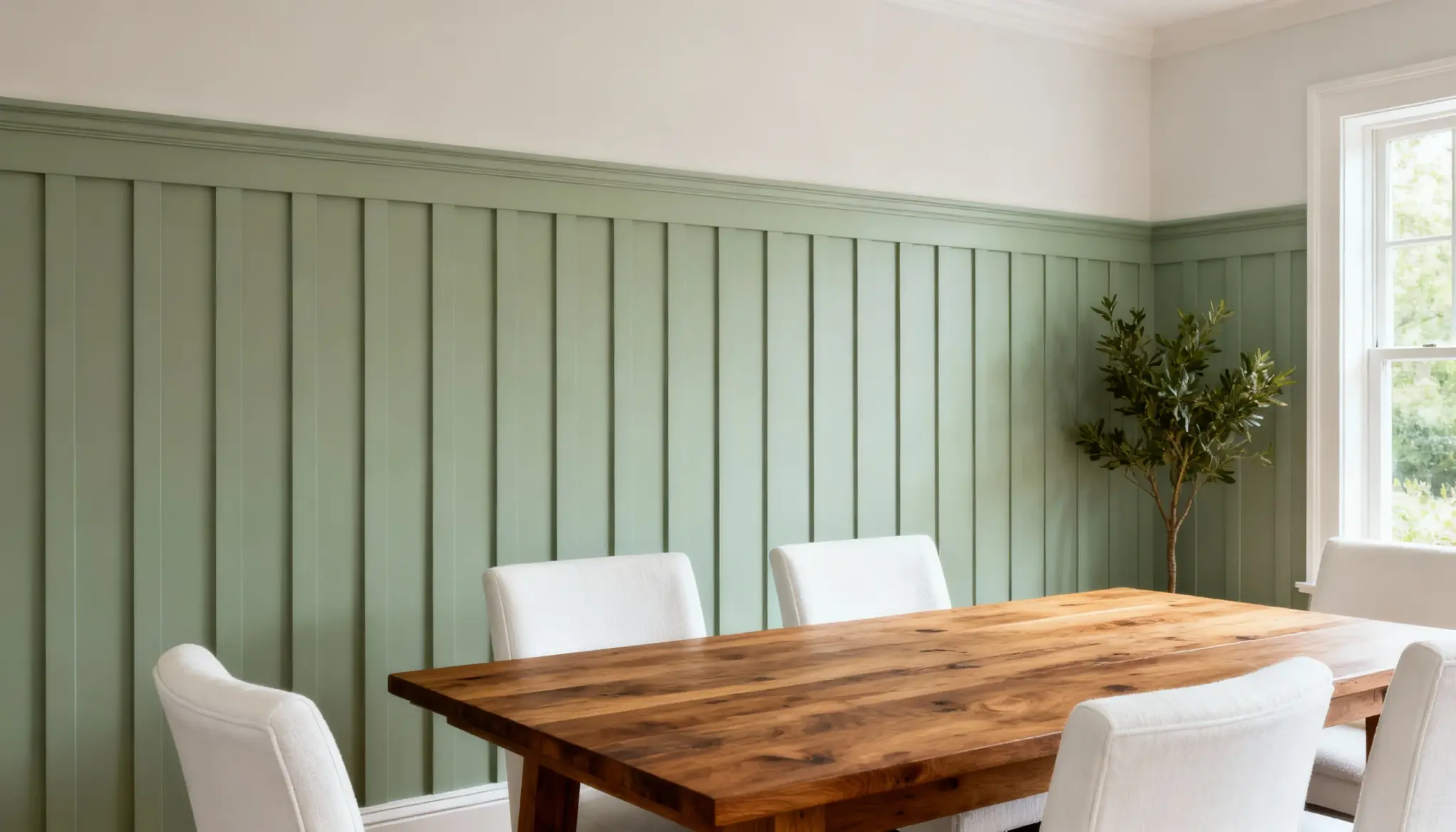 A bright dining room featuring a reclaimed wood table, white upholstered chairs, and a sage green board and batten accent wall next to a window