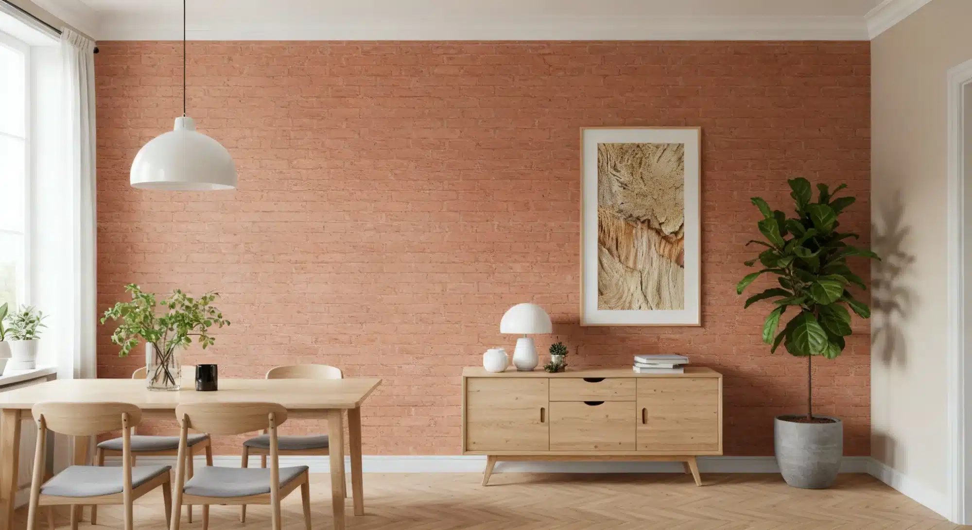 Modern dining area featuring light wood furniture, a white dome pendant lamp, and a textured terracotta brick accent wall