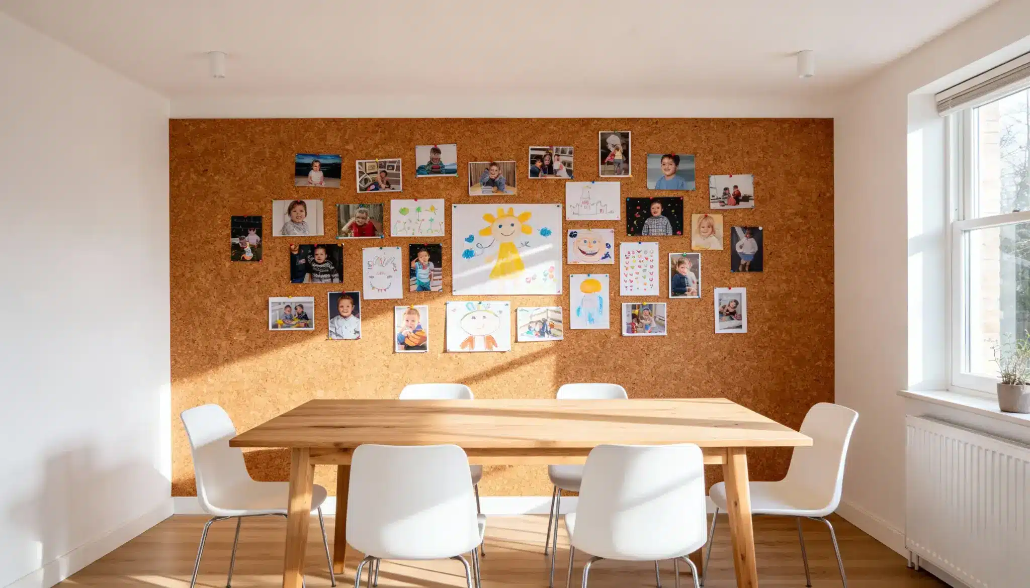 A bright room with a wooden table, white chairs, and a cork accent wall covered in children's photos and drawings