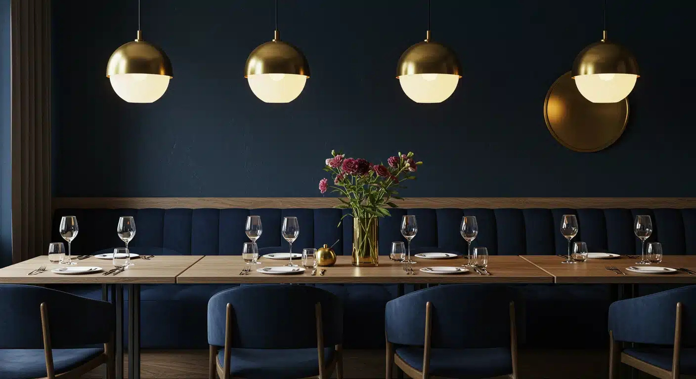 A fine dining table set for guests against a dark blue wall with brass globe pendant lights and a vase of dark pink flowers