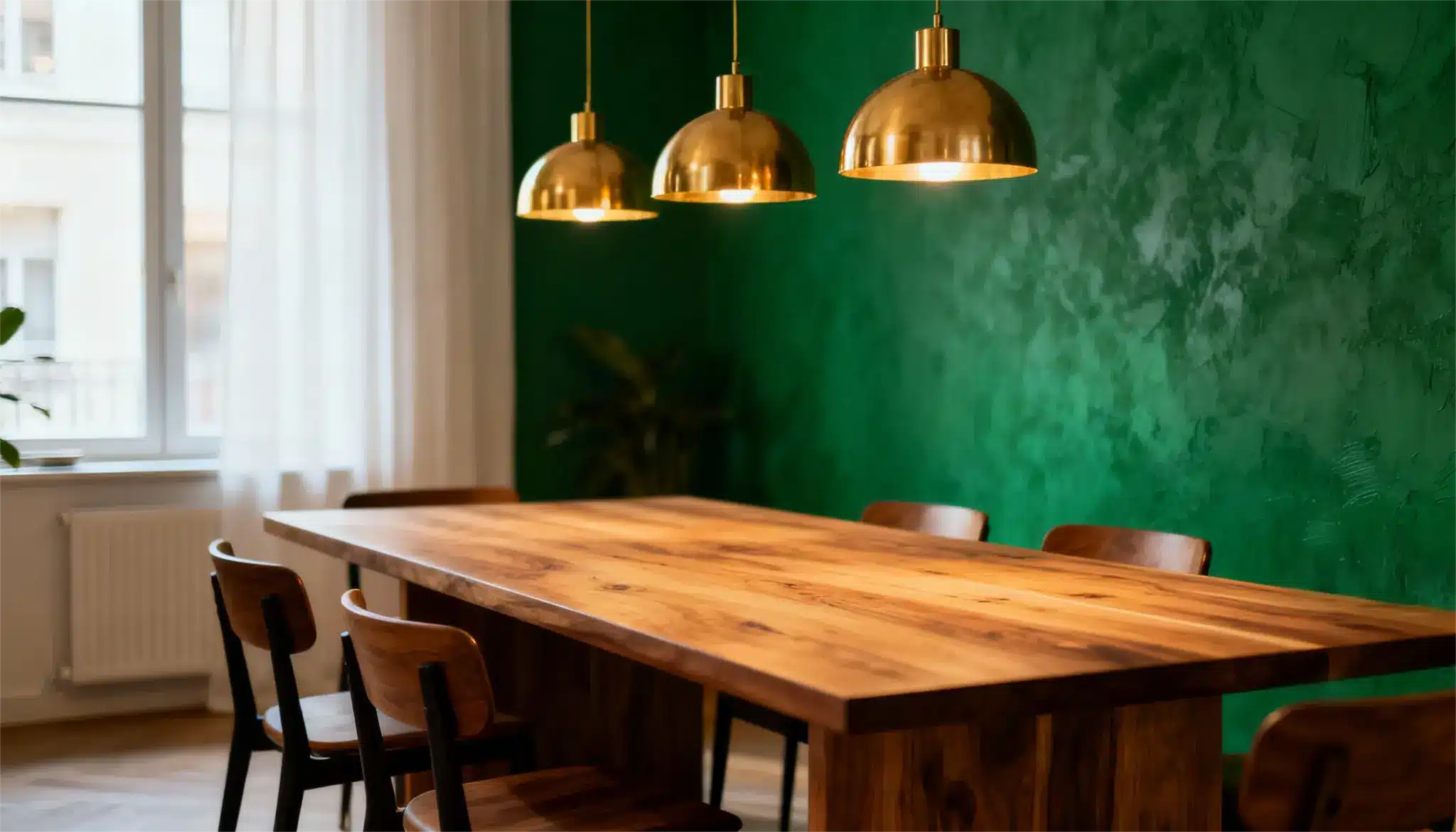 A modern dining room features a large wooden table, wooden chairs, and three brass pendant lights against a richly textured, dark green accent wall near a window with sheer white curtains