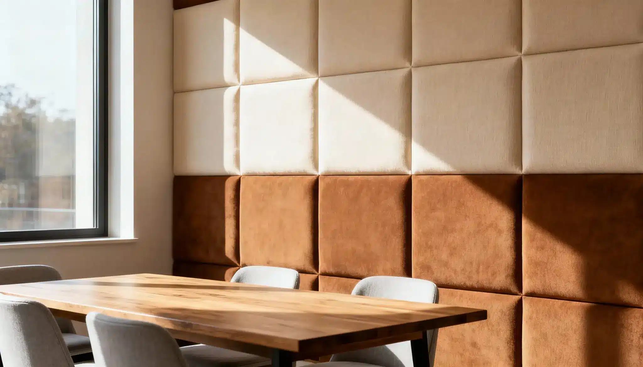 A modern dining space featuring a grid of plush fabric wall panels in cream and terracotta tones behind a wooden table