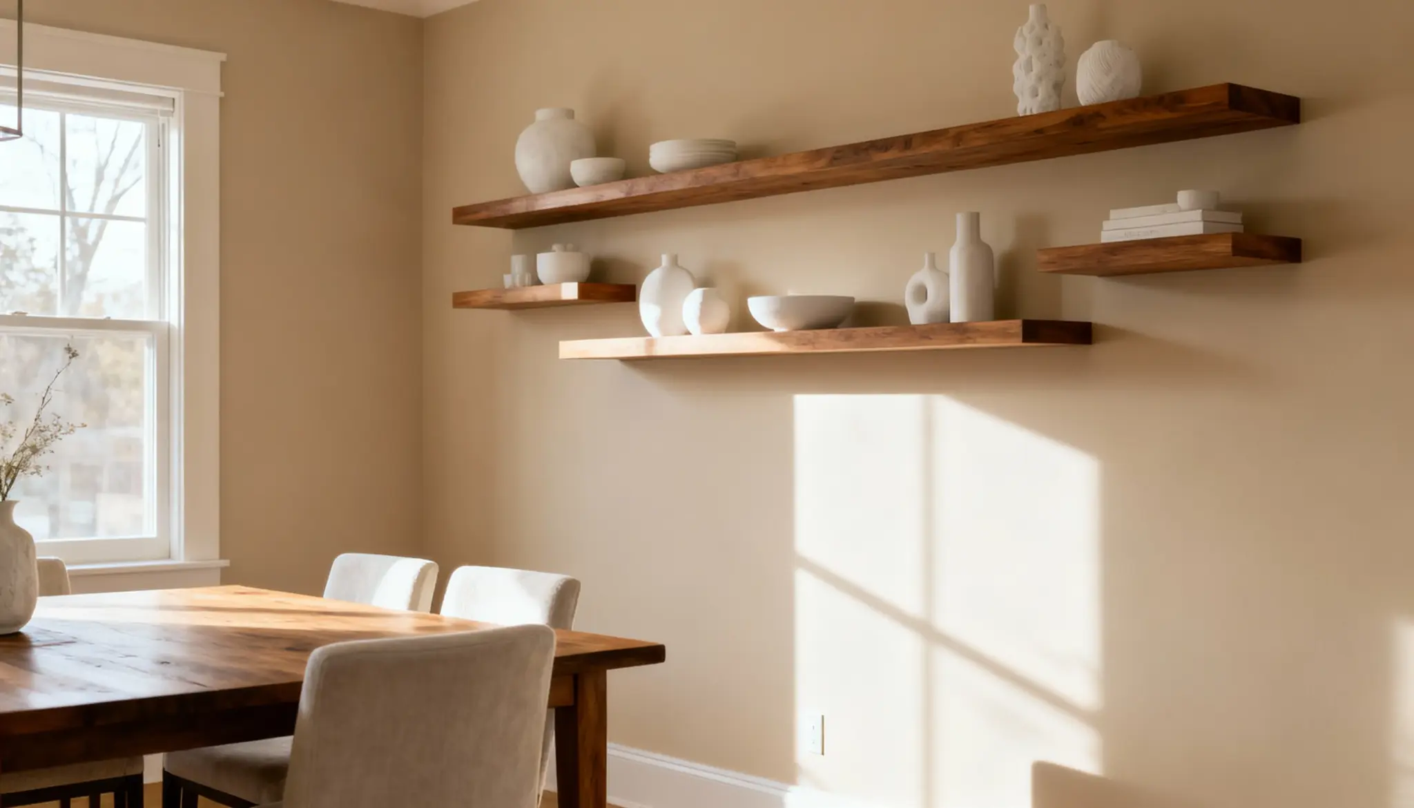 A minimalist dining room with wooden floating shelves holding white ceramic vases on a warm, beige-toned accent wall