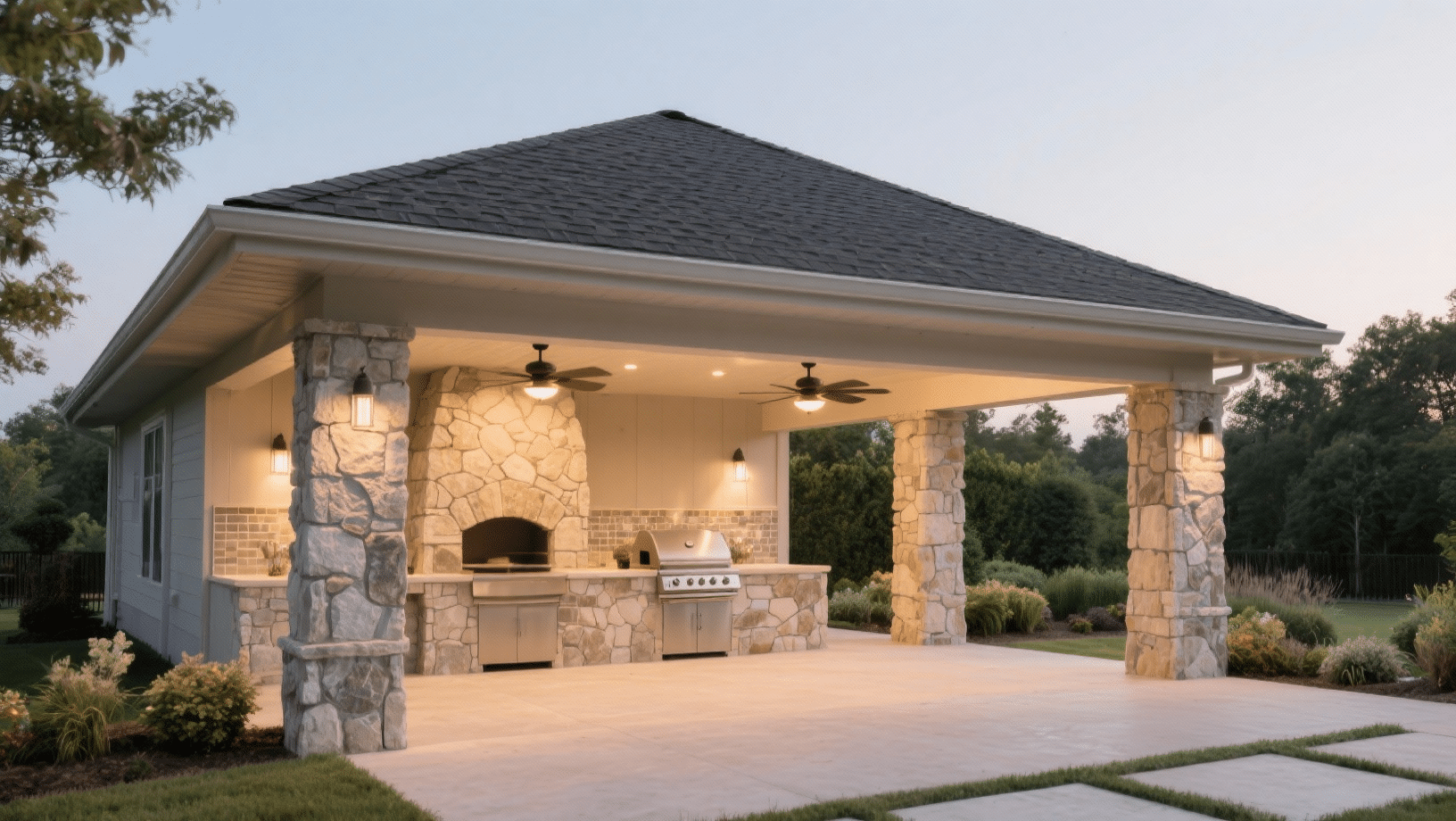 full roof with stone accents