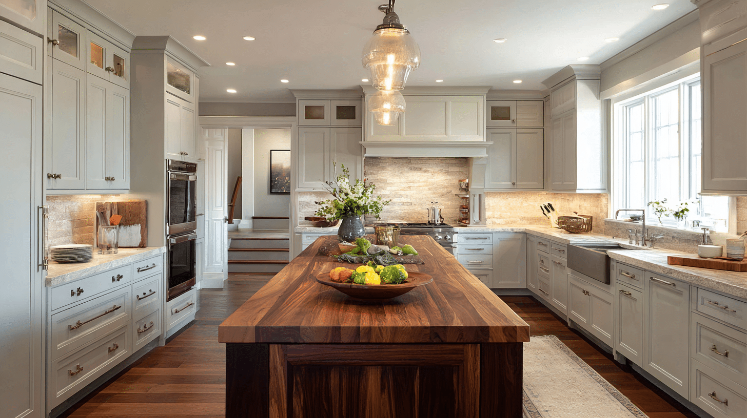 gray cabinets with a walnut island