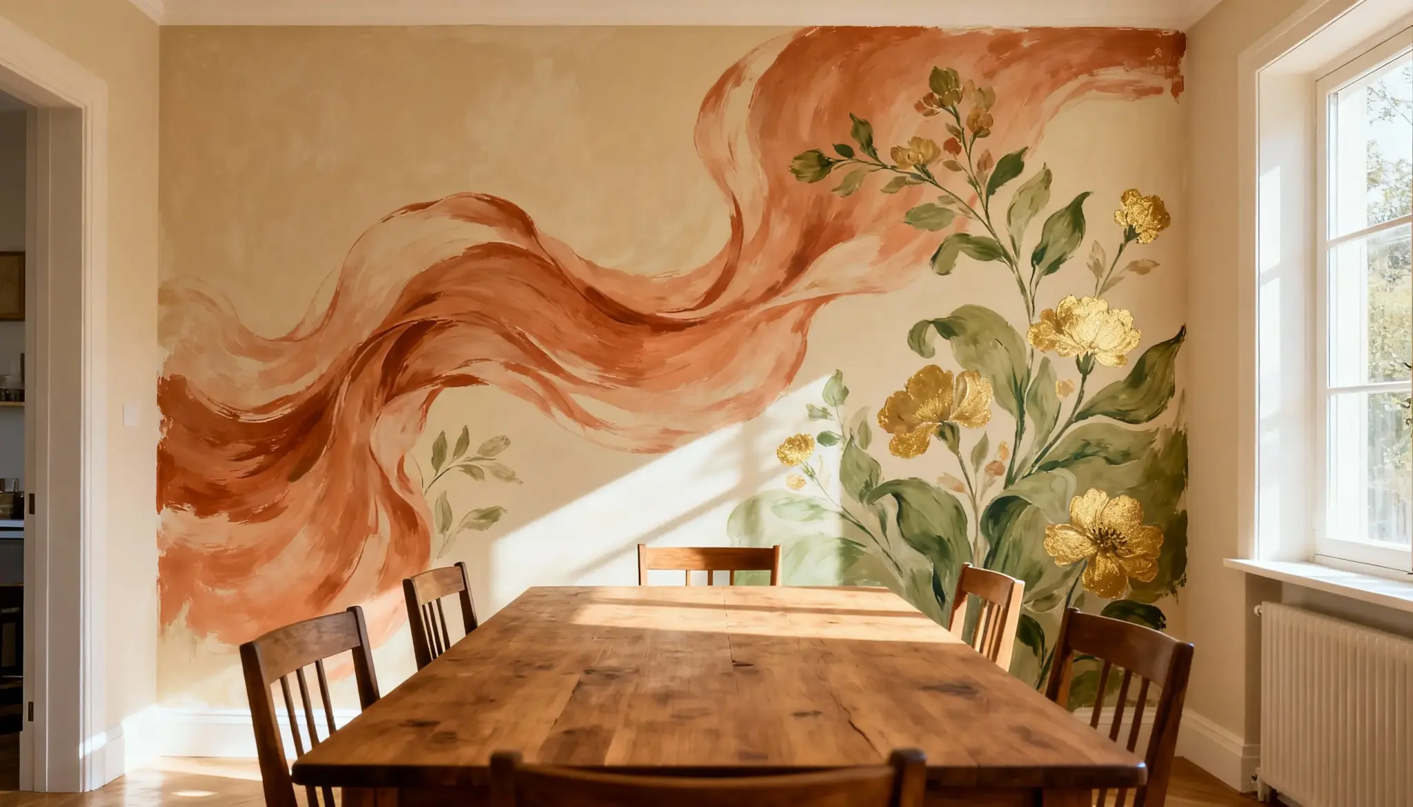 A dining room with a wooden table and chairs. The wall features a mural of swirling red ribbons and large golden flowers, bathed in natural light