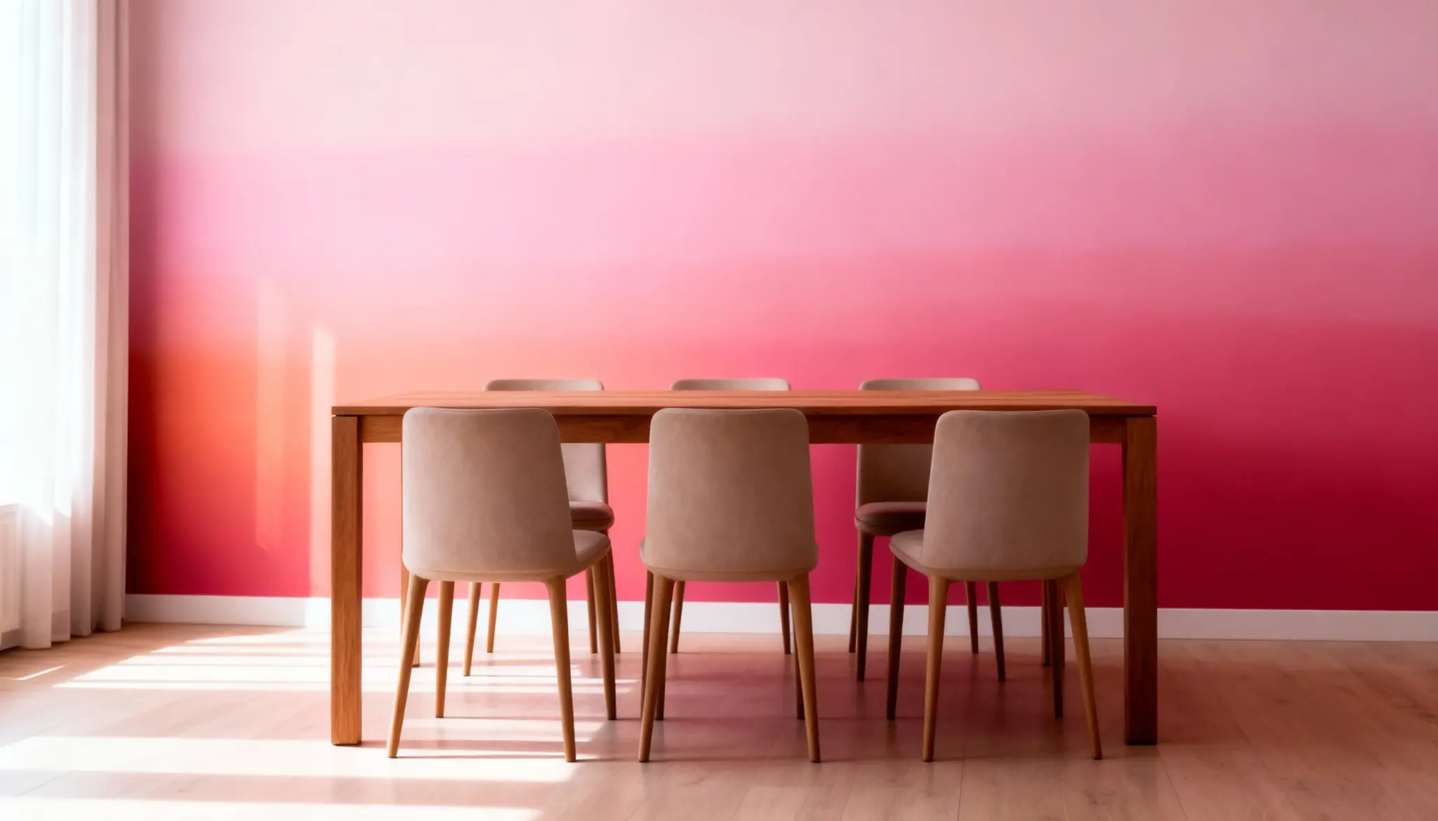 Wooden dining table surrounded by tan upholstered chairs set against a vibrant pink-to-red gradient accent wall