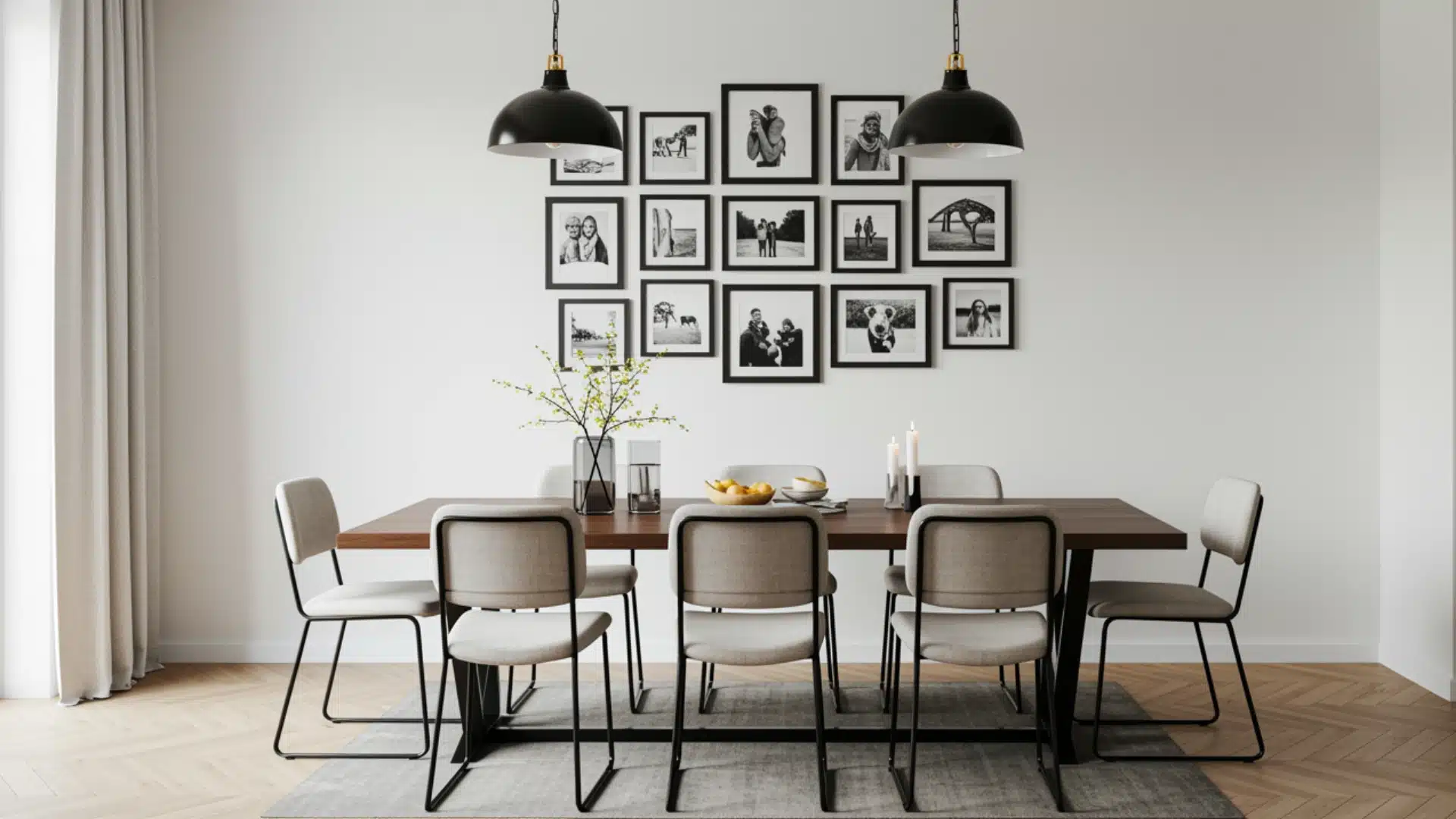 A modern dining room featuring a black-and-white gallery wall, a wooden table, and sleek black dome pendant lights