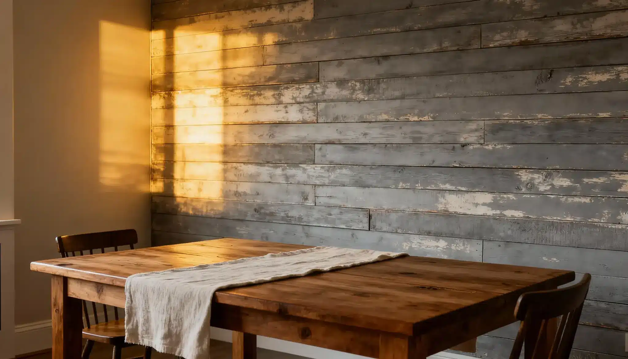 Rustic wooden dining table sits before a distressed gray shiplap accent wall bathed in warm afternoon sunlight