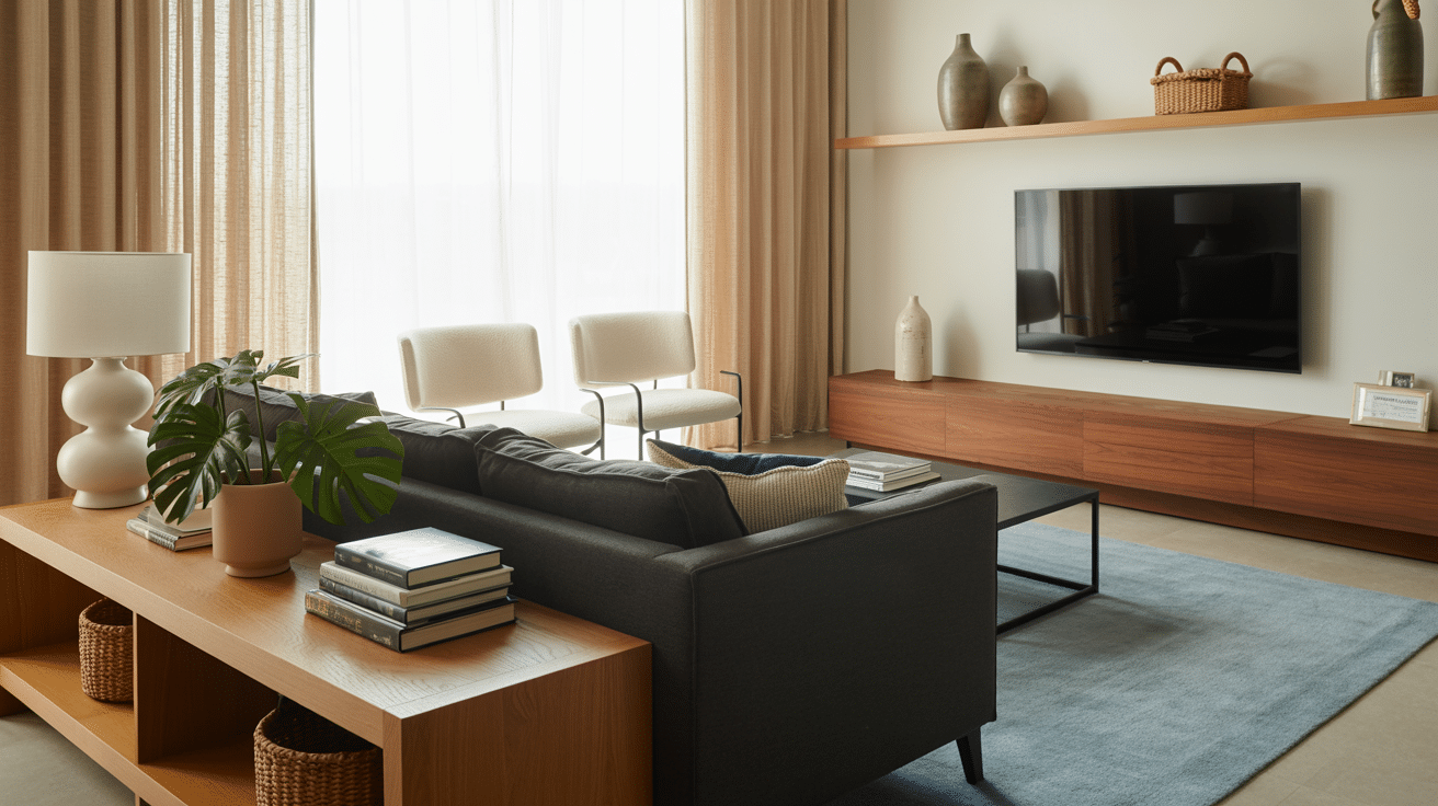 small console table behind the sofa