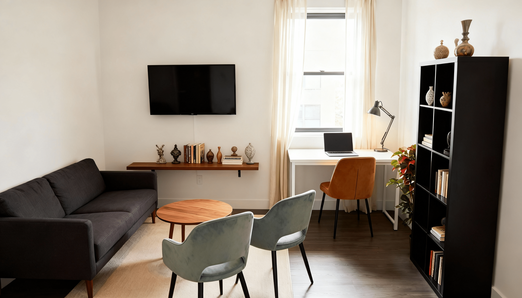 sofa on one side and workspace on the other