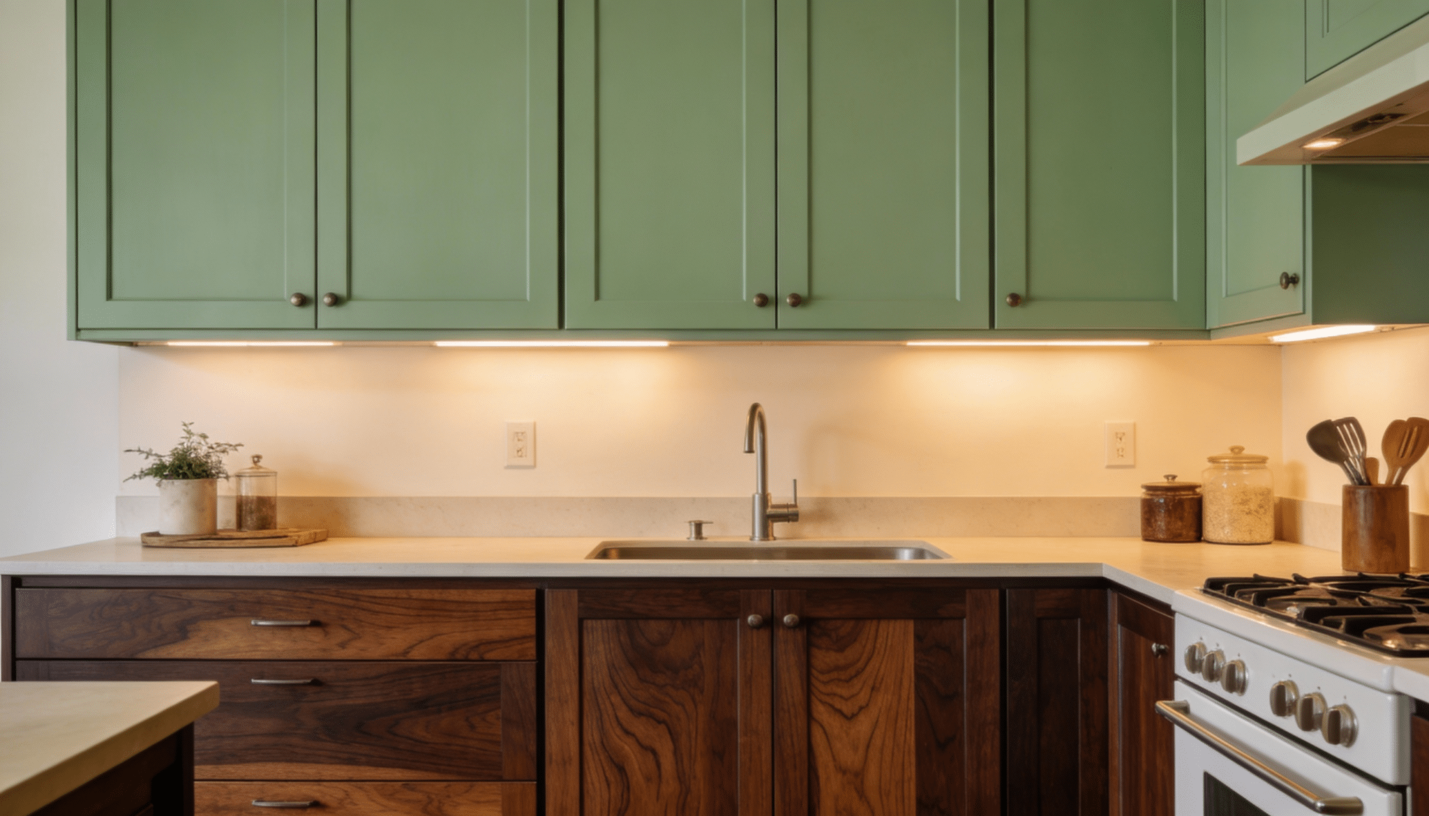 soft green uppers with dark wood lowers