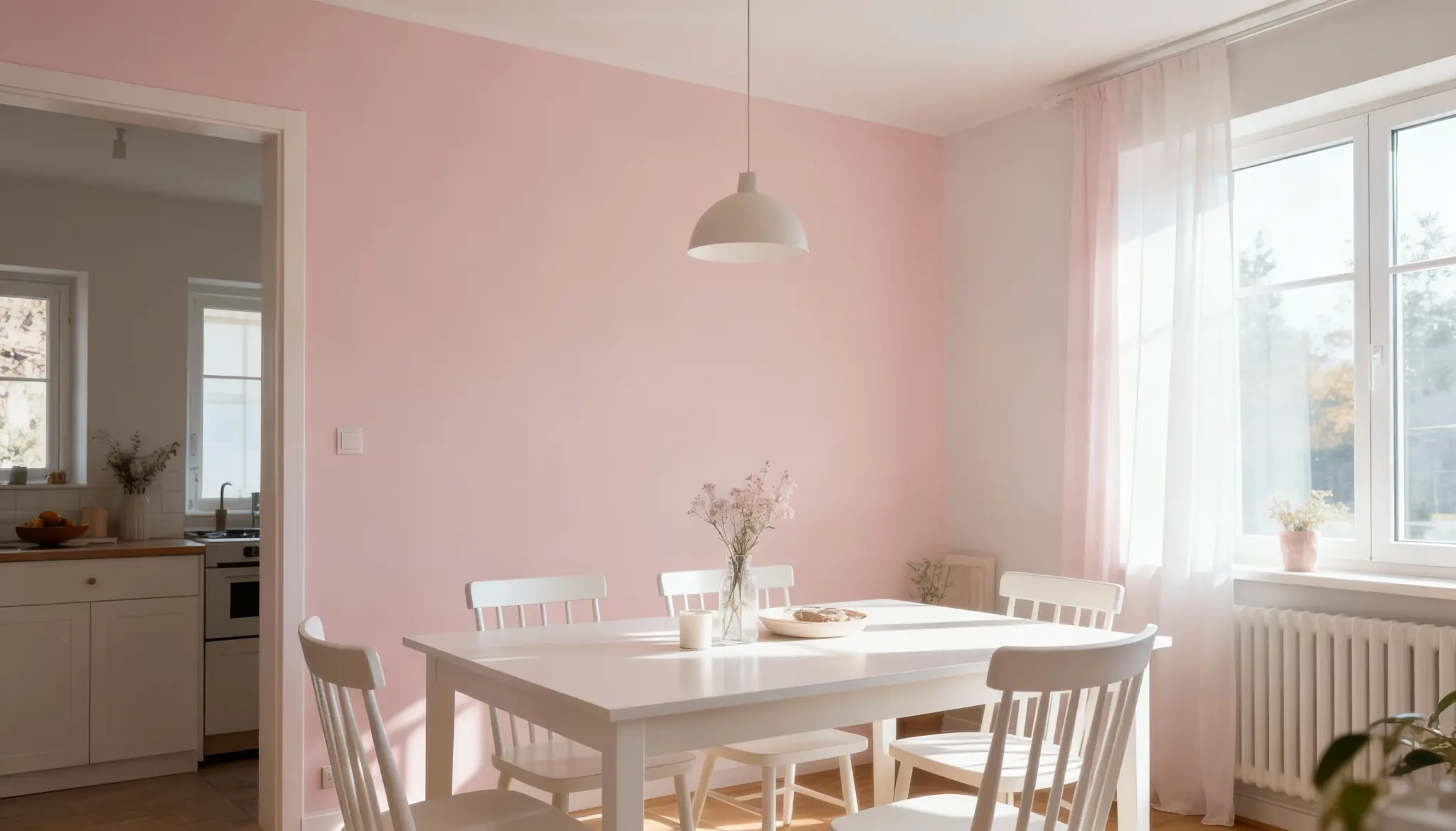 Bright dining area with pale pink walls, a white wooden table set for a meal, and sunlight streaming through sheer white curtains over a large window