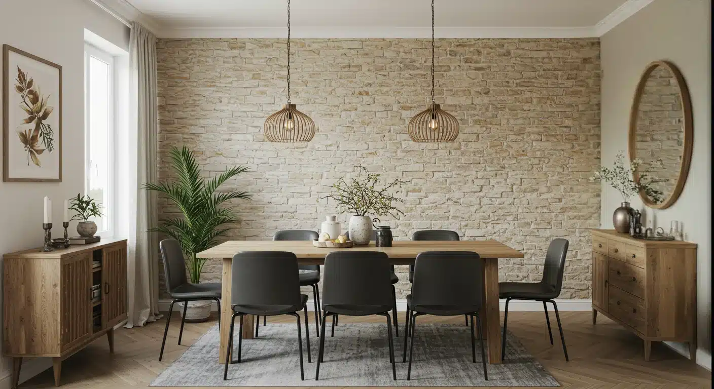 Modern dining room with a rustic feel, featuring a wooden table, eight gray chairs, a brick accent wall, a round mirror, plants, and warm lighting from wicker pendants