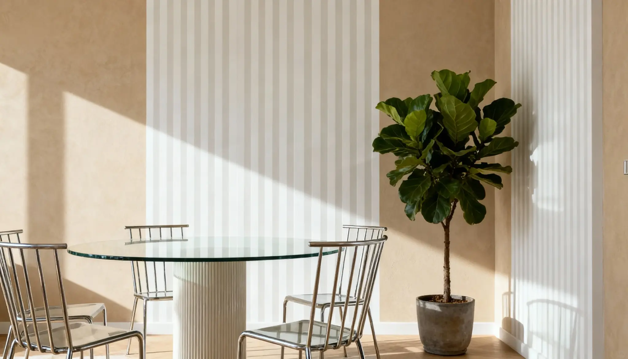 Modern dining area with a round glass table, metal chairs, and a potted fiddle leaf fig. Sunlight casts shadows on the beige-striped walls, creating a calm ambiance