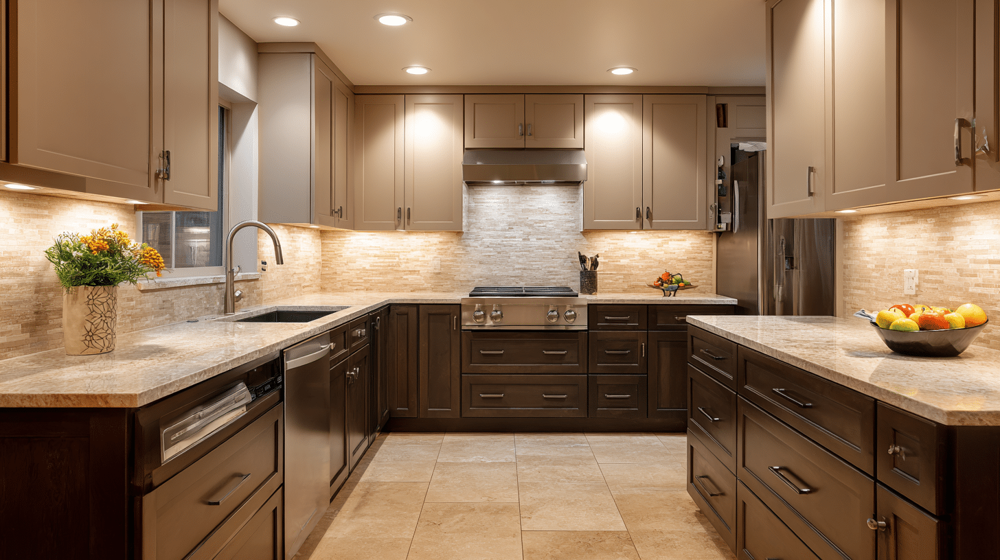 taupe uppers with dark wood lowers