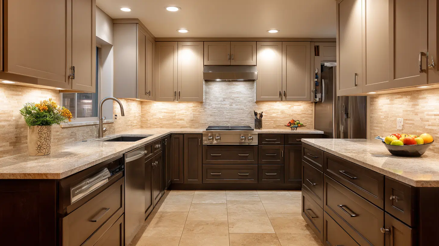 taupe uppers with dark wood lowers