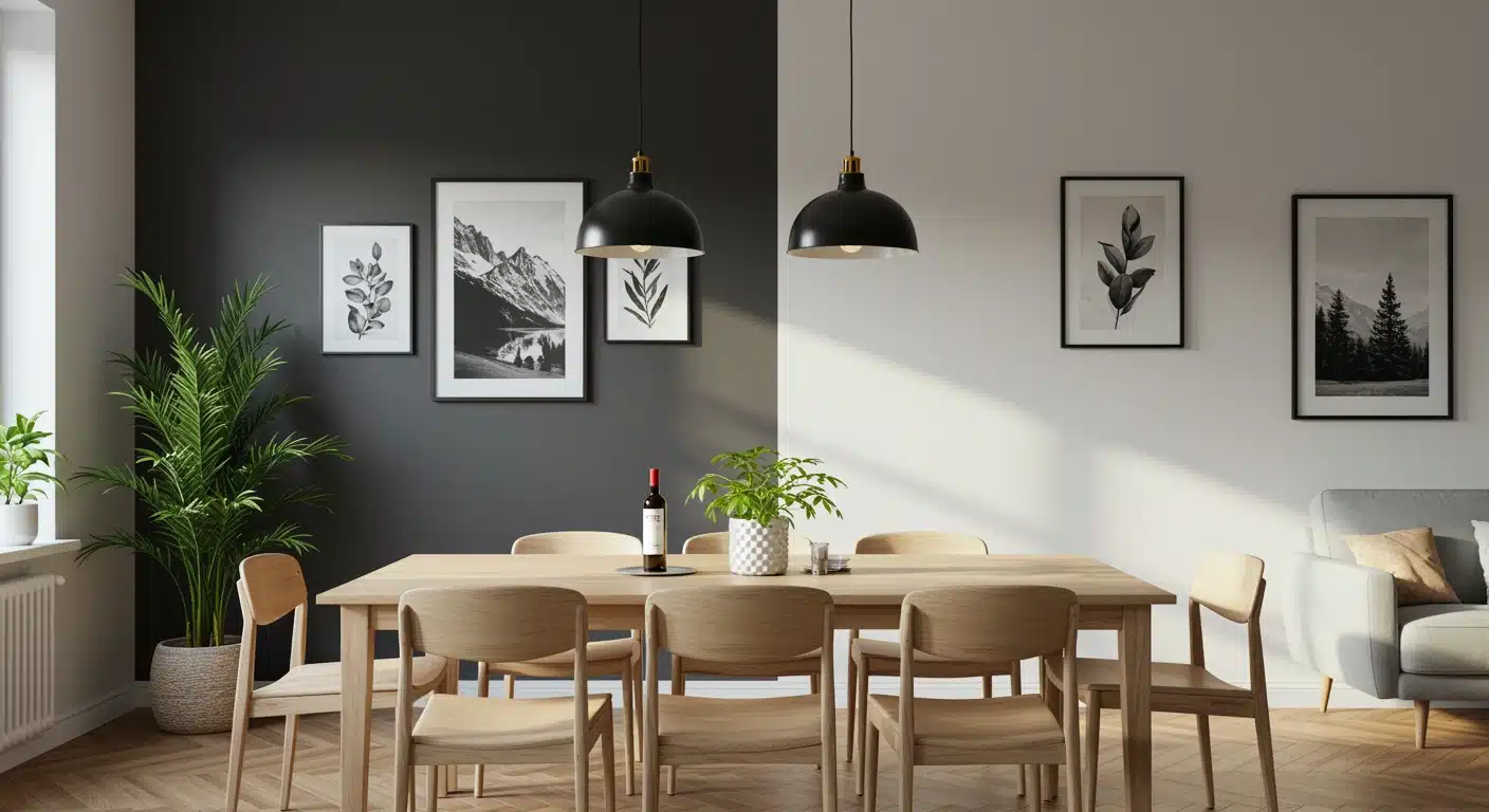 A modern dining room featuring a light wood table, matching chairs, black pendant lights, and black and white nature artwork against a dark gray and white split wall