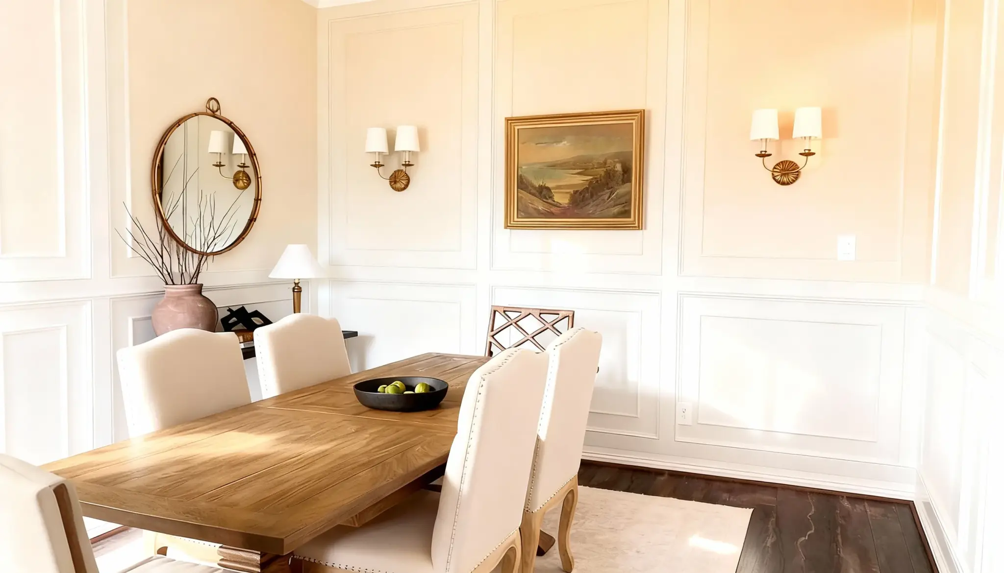 Elegant dining room featuring wainscoting, a light wood table with upholstered chairs, and decorative sconces flanking a landscape painting