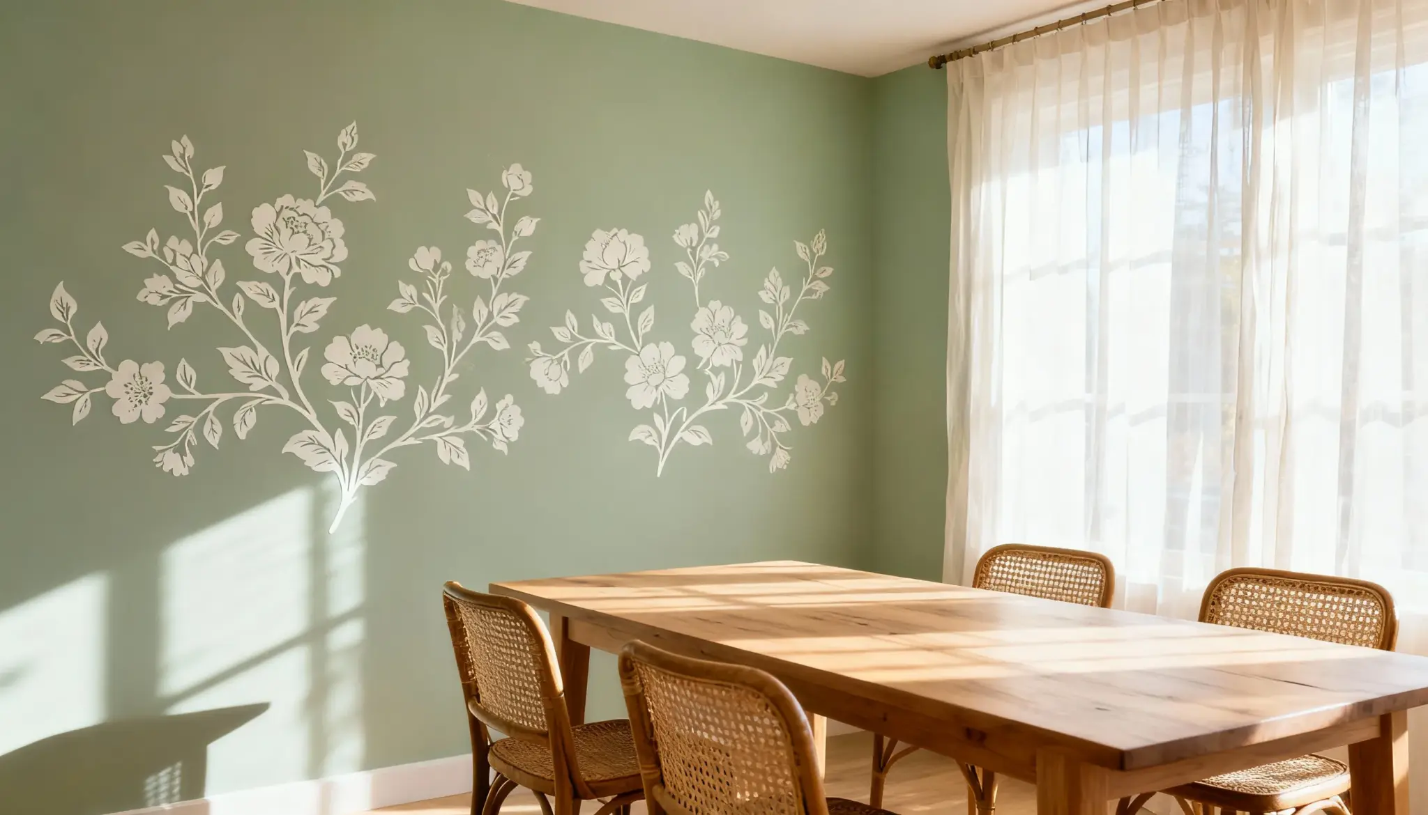 Bright dining room with green walls featuring white floral patterns. A wooden table is surrounded by wicker chairs, and sheer curtains soften the sunlight