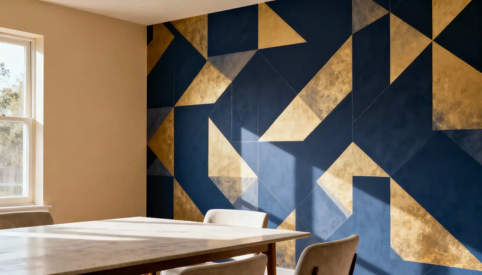 A modern dining room with a geometric accent wall in navy blue and gold. Sunlight casts patterns on a marble table and beige chairs, creating a cozy ambiance
